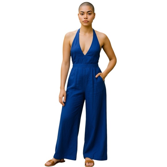 FARM Rio Pants - Farm Rio Blue Linen Halter Back Wide Leg Pleated Jumpsuit Women’s XS